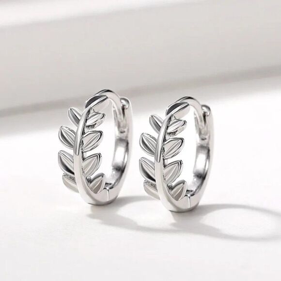 Silver Leaf Hoop Earrings - Picture 1 of 7